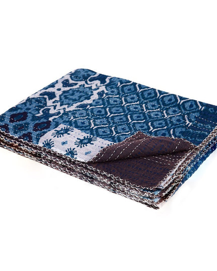 50" X 70" Blue And Pink Floral Cotton Quilted Kantha Throw Blanket with Embroidery