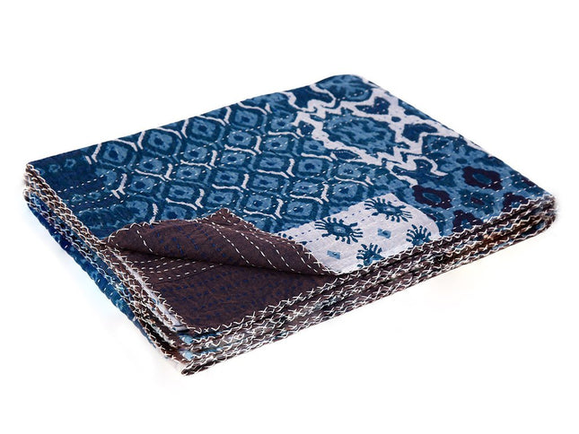 50" X 70" Blue And Pink Floral Cotton Quilted Kantha Throw Blanket with Embroidery