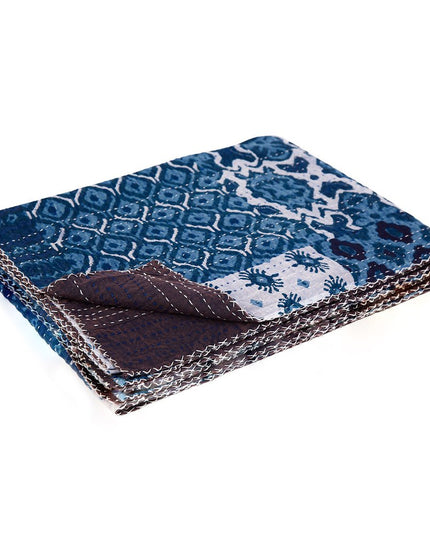 50" X 70" Blue And Pink Floral Cotton Quilted Kantha Throw Blanket with Embroidery