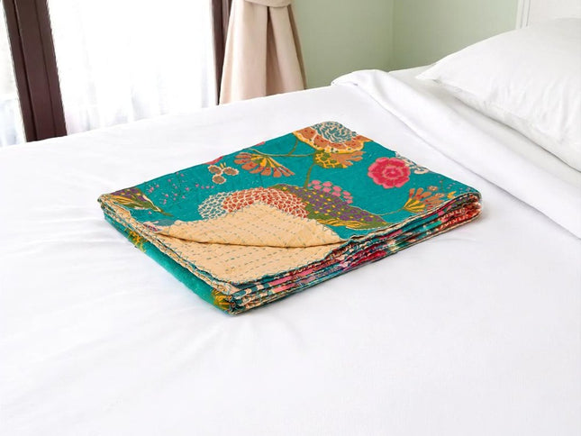 50" X 70" Teal And Pink Floral Cotton Quilted Kantha Throw Blanket with Embroidery