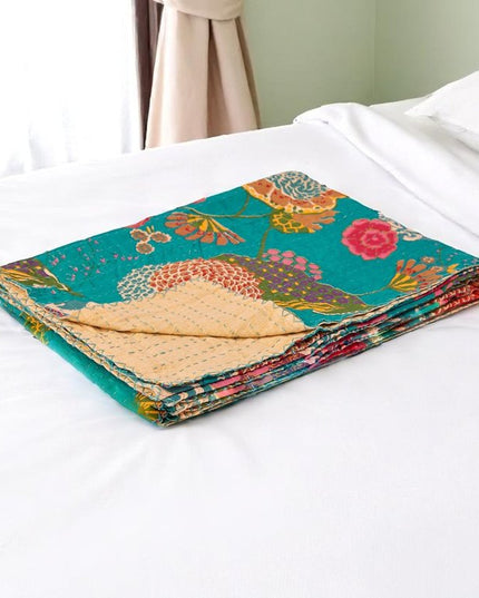 50" X 70" Teal And Pink Floral Cotton Quilted Kantha Throw Blanket with Embroidery
