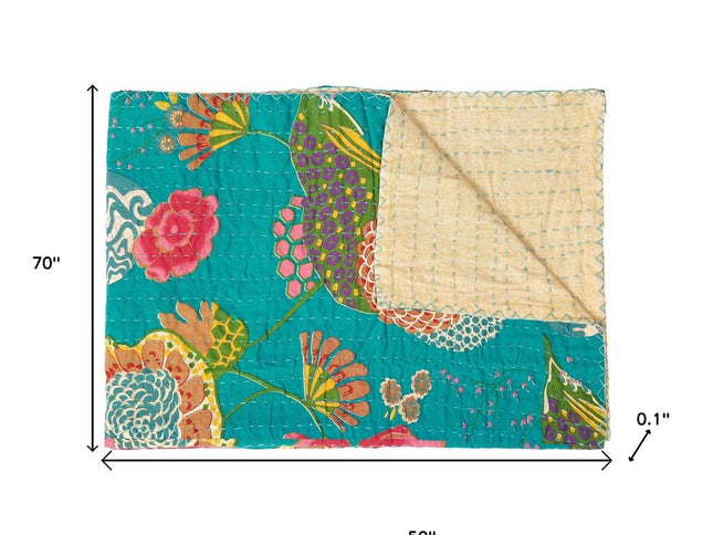 50" X 70" Teal And Pink Floral Cotton Quilted Kantha Throw Blanket with Embroidery