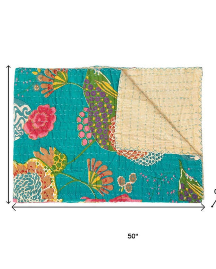 50" X 70" Teal And Pink Floral Cotton Quilted Kantha Throw Blanket with Embroidery