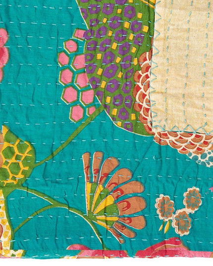 50" X 70" Teal And Pink Floral Cotton Quilted Kantha Throw Blanket with Embroidery