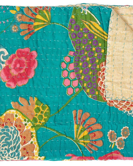 50" X 70" Teal And Pink Floral Cotton Quilted Kantha Throw Blanket with Embroidery