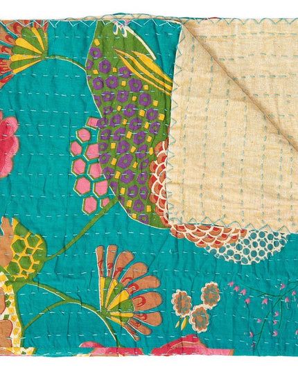 50" X 70" Teal And Pink Floral Cotton Quilted Kantha Throw Blanket with Embroidery