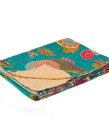 50" X 70" Teal And Pink Floral Cotton Quilted Kantha Throw Blanket with Embroidery