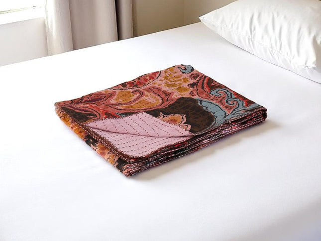 50" X 70" Brown And Pink Floral Cotton Quilted Kantha Throw Blanket with Embroidery