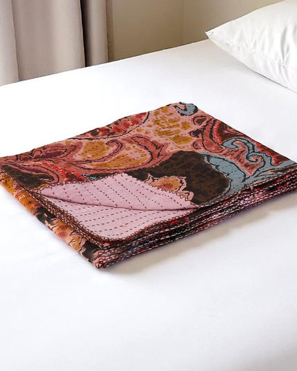 50" X 70" Brown And Pink Floral Cotton Quilted Kantha Throw Blanket with Embroidery
