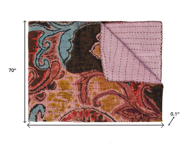 50" X 70" Brown And Pink Floral Cotton Quilted Kantha Throw Blanket with Embroidery