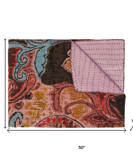 50" X 70" Brown And Pink Floral Cotton Quilted Kantha Throw Blanket with Embroidery
