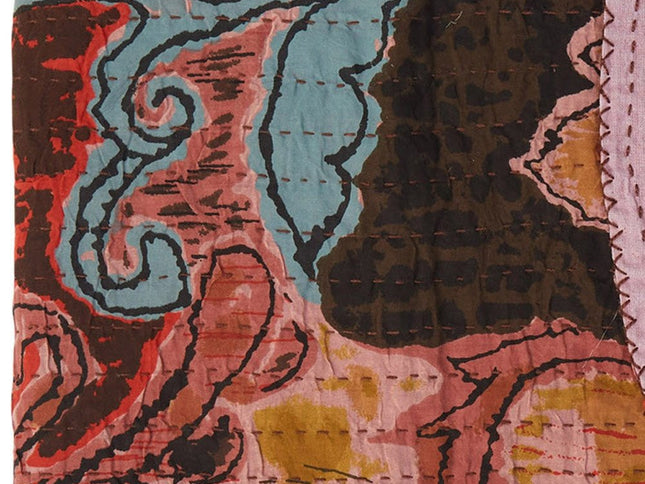 50" X 70" Brown And Pink Floral Cotton Quilted Kantha Throw Blanket with Embroidery