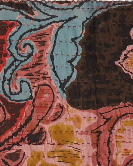 50" X 70" Brown And Pink Floral Cotton Quilted Kantha Throw Blanket with Embroidery