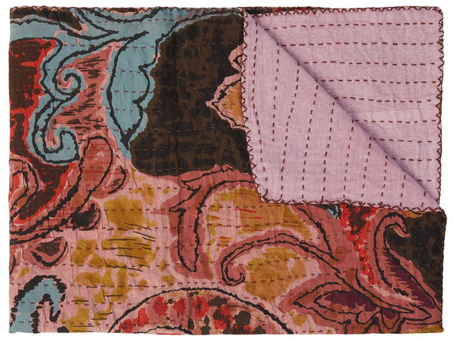 50" X 70" Brown And Pink Floral Cotton Quilted Kantha Throw Blanket with Embroidery