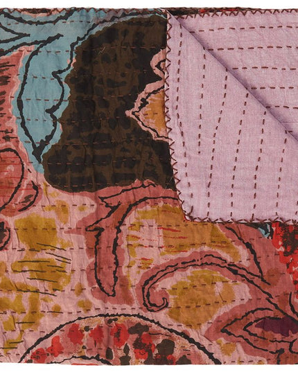 50" X 70" Brown And Pink Floral Cotton Quilted Kantha Throw Blanket with Embroidery