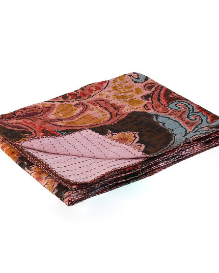 50" X 70" Brown And Pink Floral Cotton Quilted Kantha Throw Blanket with Embroidery