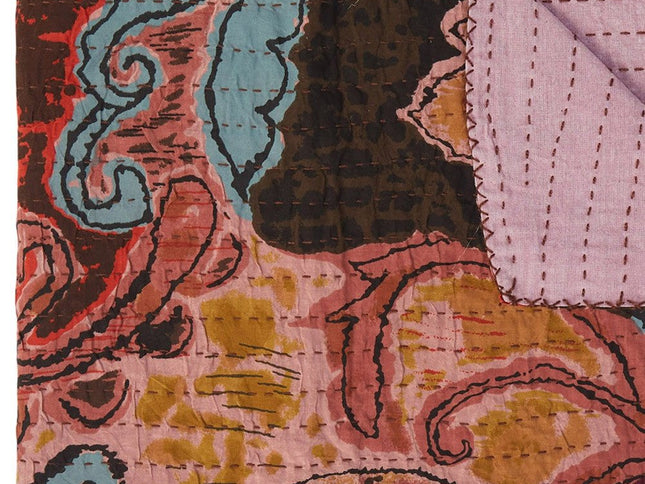 50" X 70" Brown And Pink Floral Cotton Quilted Kantha Throw Blanket with Embroidery