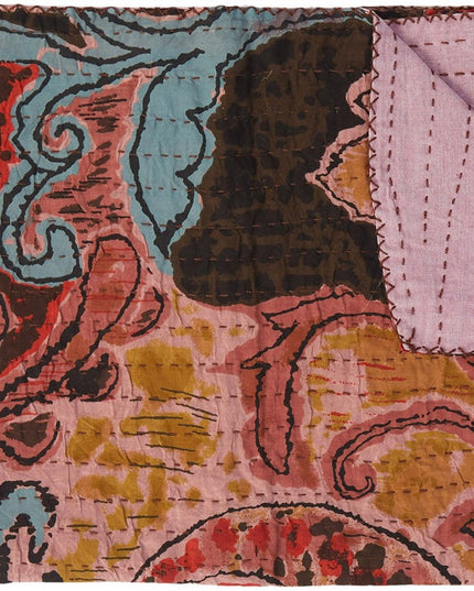 50" X 70" Brown And Pink Floral Cotton Quilted Kantha Throw Blanket with Embroidery