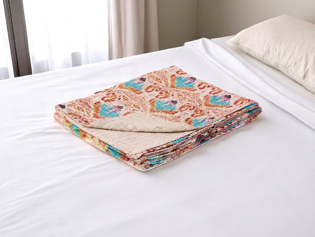 50" X 70" Brown And Pink Floral Cotton Quilted Kantha Throw Blanket with Embroidery