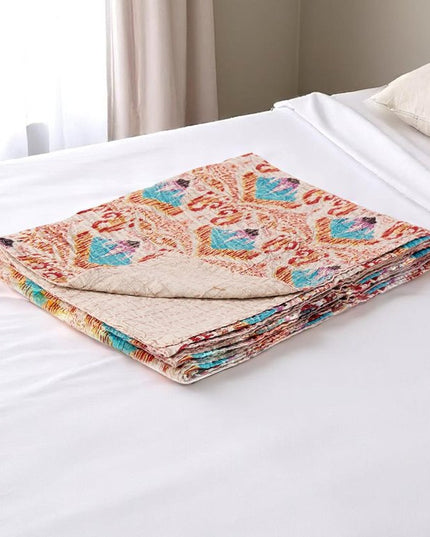 50" X 70" Brown And Pink Floral Cotton Quilted Kantha Throw Blanket with Embroidery