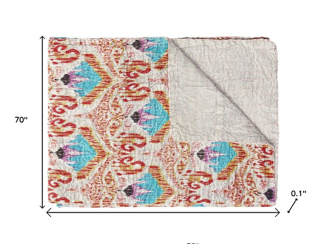 50" X 70" Brown And Pink Floral Cotton Quilted Kantha Throw Blanket with Embroidery