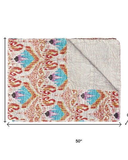 50" X 70" Brown And Pink Floral Cotton Quilted Kantha Throw Blanket with Embroidery