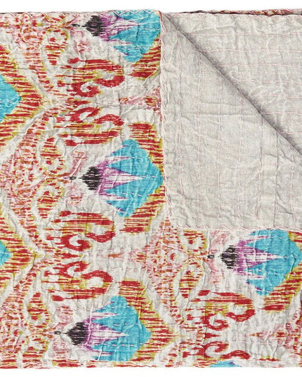 50" X 70" Brown And Pink Floral Cotton Quilted Kantha Throw Blanket with Embroidery