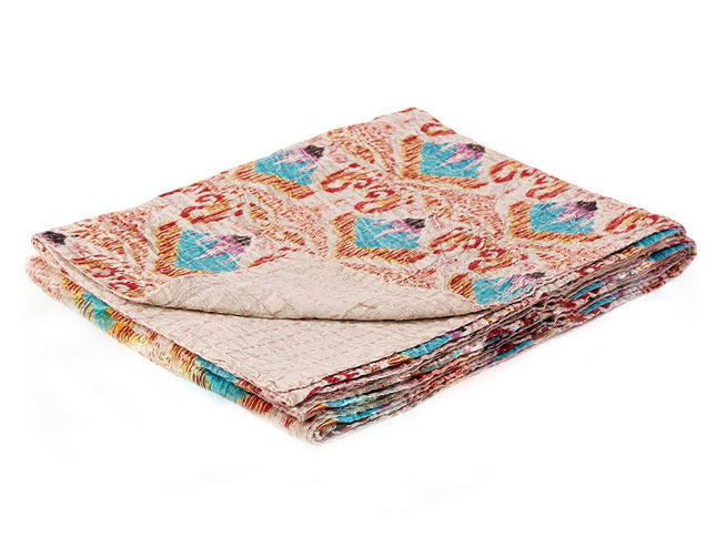 50" X 70" Brown And Pink Floral Cotton Quilted Kantha Throw Blanket with Embroidery