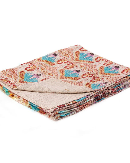 50" X 70" Brown And Pink Floral Cotton Quilted Kantha Throw Blanket with Embroidery