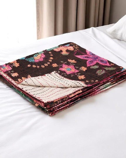 50" X 70" Brown And Beige Floral Cotton Quilted Kantha Throw Blanket with Embroidery