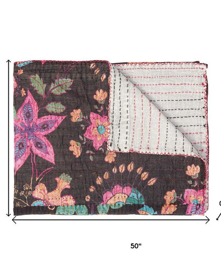 50" X 70" Brown And Beige Floral Cotton Quilted Kantha Throw Blanket with Embroidery