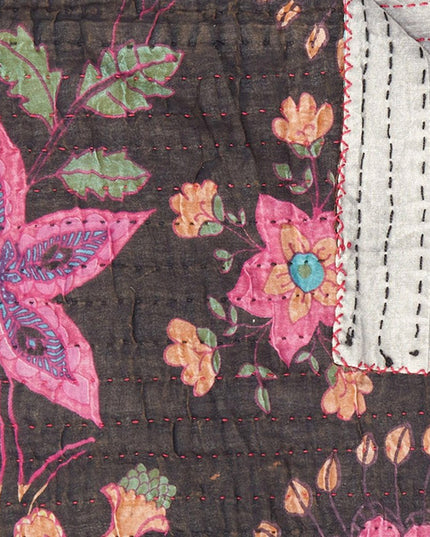 50" X 70" Brown And Beige Floral Cotton Quilted Kantha Throw Blanket with Embroidery
