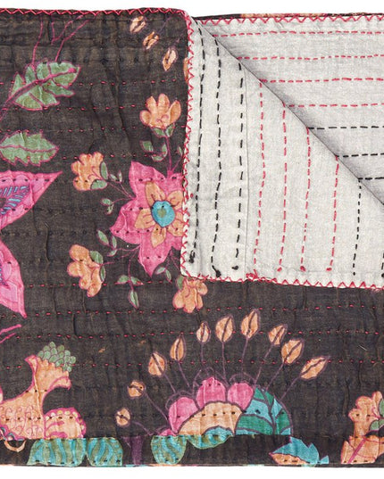 50" X 70" Brown And Beige Floral Cotton Quilted Kantha Throw Blanket with Embroidery