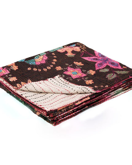 50" X 70" Brown And Beige Floral Cotton Quilted Kantha Throw Blanket with Embroidery