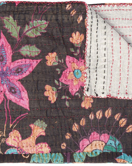 50" X 70" Brown And Beige Floral Cotton Quilted Kantha Throw Blanket with Embroidery
