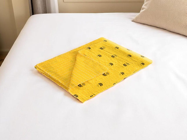 50" X 70" Yellow And Black Floral Cotton Quilted Kantha Throw Blanket with Embroidery