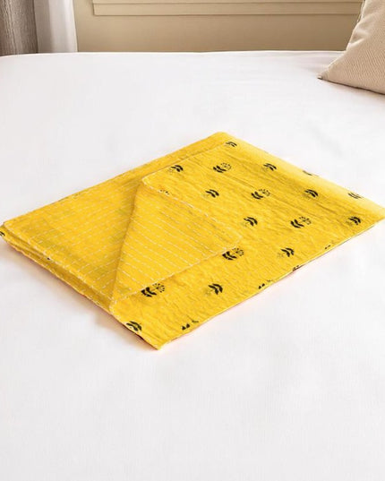 50" X 70" Yellow And Black Floral Cotton Quilted Kantha Throw Blanket with Embroidery