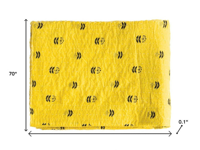 50" X 70" Yellow And Black Floral Cotton Quilted Kantha Throw Blanket with Embroidery
