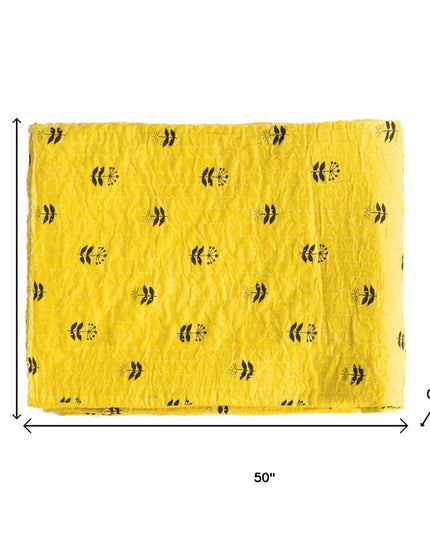 50" X 70" Yellow And Black Floral Cotton Quilted Kantha Throw Blanket with Embroidery