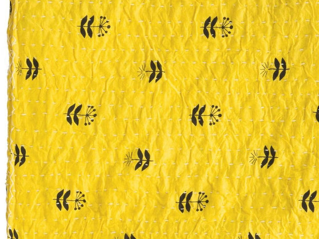50" X 70" Yellow And Black Floral Cotton Quilted Kantha Throw Blanket with Embroidery