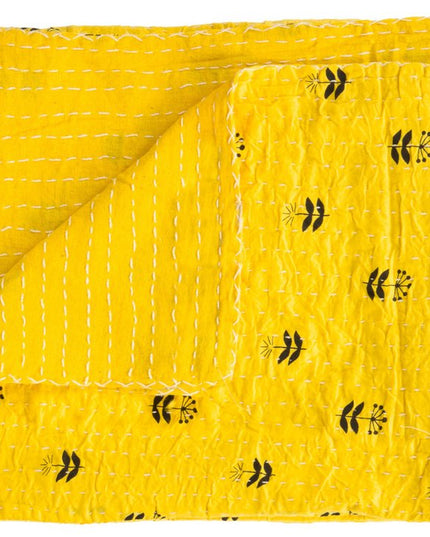 50" X 70" Yellow And Black Floral Cotton Quilted Kantha Throw Blanket with Embroidery