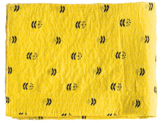 50" X 70" Yellow And Black Floral Cotton Quilted Kantha Throw Blanket with Embroidery