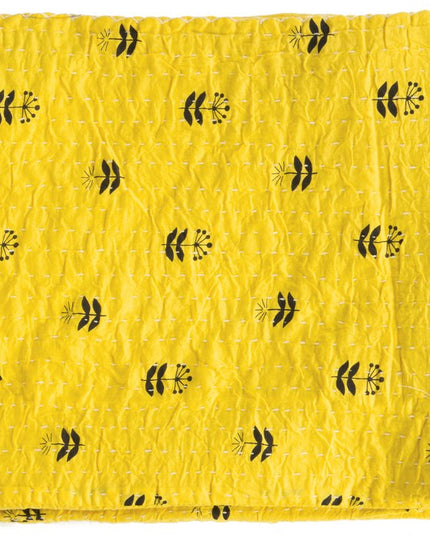 50" X 70" Yellow And Black Floral Cotton Quilted Kantha Throw Blanket with Embroidery