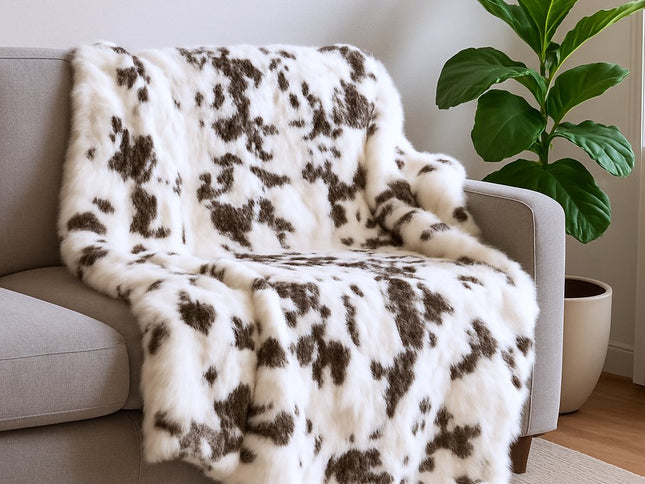 50" X 60" Brown And White Rabbit Fur Plush Throw Blanket