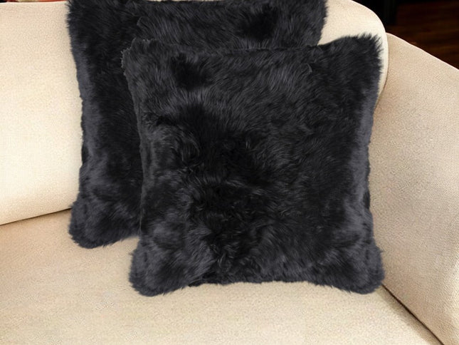 Set of Two 18" Black Sheepskin Throw Pillows