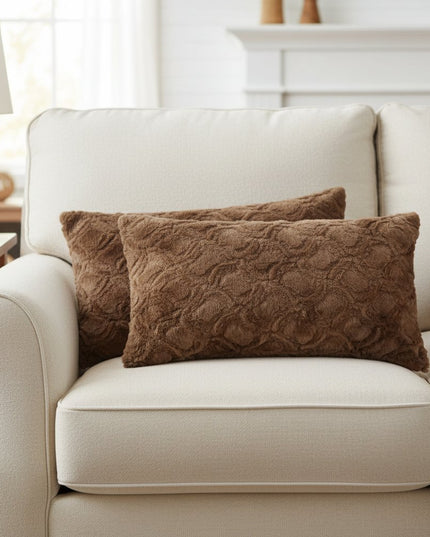 Set of Two 12" X 20" Brown Faux Fur Lumbar Throw Pillows