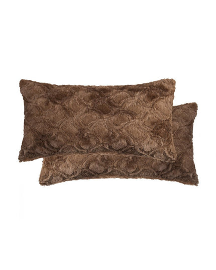 Set of Two 12" X 20" Brown Faux Fur Lumbar Throw Pillows