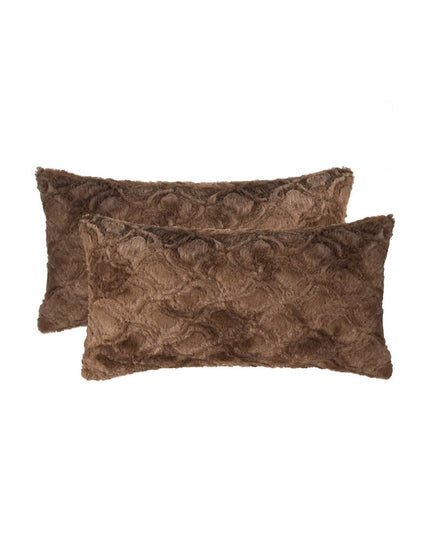 Set of Two 12" X 20" Brown Faux Fur Lumbar Throw Pillows