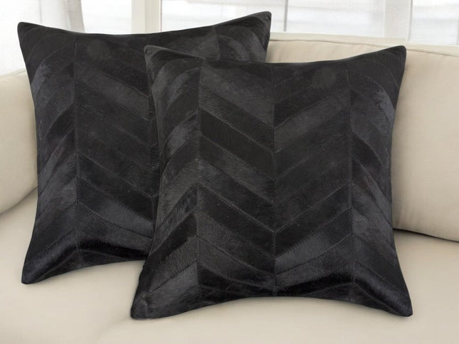 Set of Two 18" Black Chevron Cowhide Throw Pillows