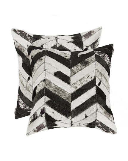 Set of Two 18" Black and Natural Chevron Cowhide Throw Pillows